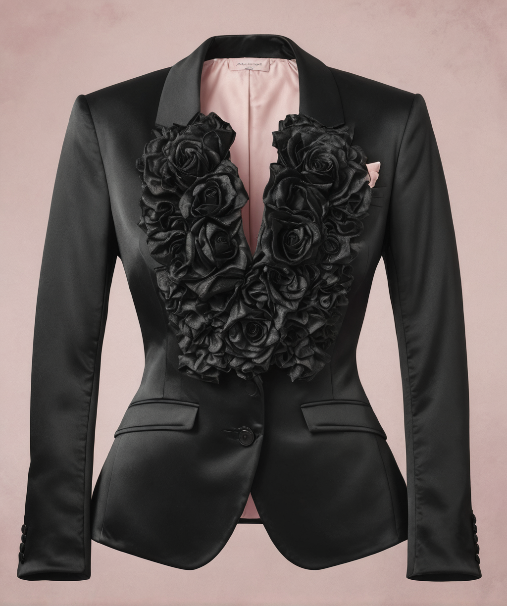 Black Satin Blazer with Floral Lapel