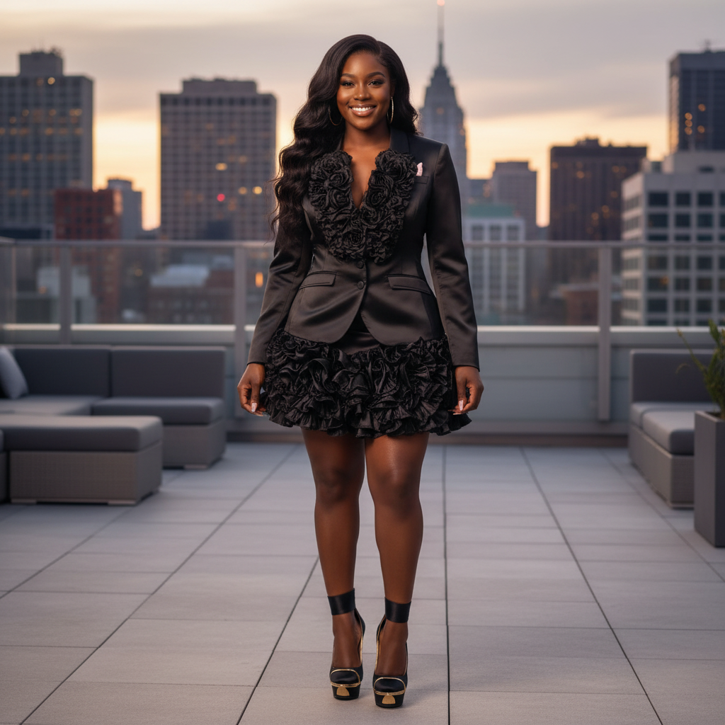 Black Satin Blazer with Floral Lapel